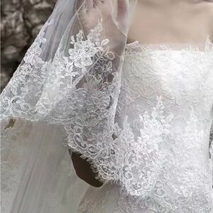 Lace Strapless Bridal Gown with Scalloped Veil - White